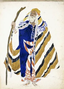 A costume design for a dancer in Suite Arabe, depicting an elderly man holding a staff A costume design for a dancer in Suite Arabe, depicting an elderly man holding a staff