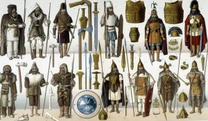 Costumes, armor and weapons of barbarian warriors Costumes, armor and weapons of barbarian warriors