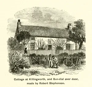 Boys Own Gallery: Cottage at Killingworth, and Sun-dial over door, made by Robert Stephenson (engraving)