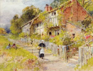 Cottages - a row of cottages with a figure and other children playing (w/c on paper) Cottages - a row of cottages with a figure and other children playing (w/c on paper)