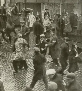 Cotton mill strike in 1932 during the Great Depression, with police clearing the streets Cotton mill strike in 1932 during the Great Depression, with police clearing the streets