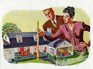 Suburbia Gallery: Couple With the Architectural Model of Their New Home, 1945 (screen print)