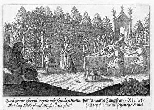 A couple dancing in a garden during an outdoor meal, c.1650 (engraving)
