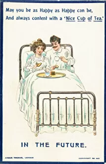 Couple drinking tea in bed, Card (chromolitho)