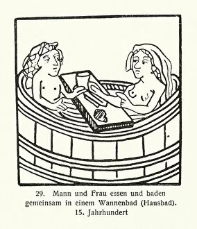 Dutch School Gallery: Couple eating and bathing together (woodcut)
