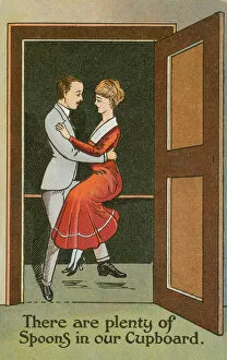 Two Sweethearts Gallery: Couple embracing in a cupboard (colour litho)
