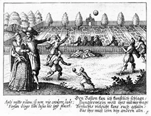 A couple in a garden where a ball game is being played, c.1650 (engraving)