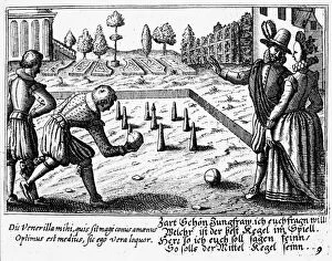 A couple in a garden where a game of bowls is being played, c.1650 (engraving)