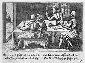 Couple and men at a table, c.1650 (engraving)