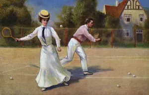 Suburbia Gallery: Couple playing tennis (colour litho)