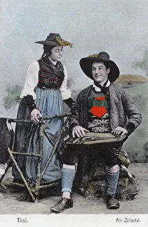 Austrians Gallery: Couple in traditional costume, Alt - Zillertal, Tyrol (postcard)