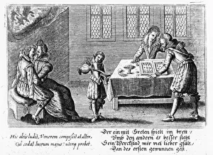 Two couples embrace, one while playing backgammon, c.1650 (engraving) Two couples embrace, one while playing backgammon, c.1650 (engraving)