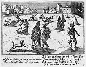 Couples ice-skating, c.1650 (engraving)