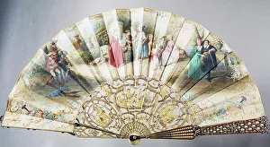 Court hand fan depicting Love and theatre, covered paper with ivory guard stick decorated Court hand fan depicting Love and theatre, covered paper with ivory guard stick decorated