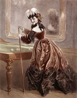 Gioco Gallery: A courtesan at the time of the 2nd Empire playing billiards (colour engraving)