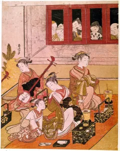 Courtesans playing music exposed to the eyes of voyeurs Japanese print by Haronobu Suzuki Courtesans playing music exposed to the eyes of voyeurs Japanese print by Haronobu Suzuki