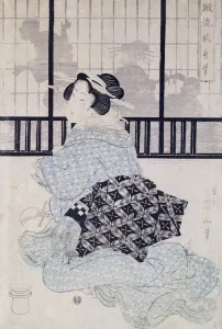 A Courtisan with a Shamisen (colour woodblock print) A Courtisan with a Shamisen (colour woodblock print)