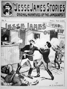 Front cover of The Jesse James Stories printed 1898 (litho) Front cover of The Jesse James Stories printed 1898 (litho)
