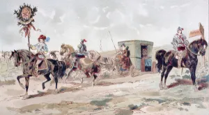 A Covered Horse Drawn Coach of the 17th Century, 1886 (colour litho) A Covered Horse Drawn Coach of the 17th Century, 1886 (colour litho)
