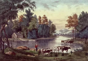 Cows on the Shore of a Lake, published by Nathaniel Currier (1813-88 Cows on the Shore of a Lake, published by Nathaniel Currier (1813-88