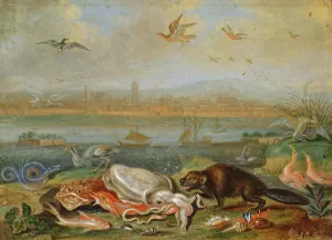 Creatures from the four continents in a landscape with a view of Canton in the background Creatures from the four continents in a landscape with a view of Canton in the background