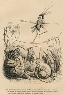 Criquet jouant de la trompette devant une tortue, un escargot et des limaces