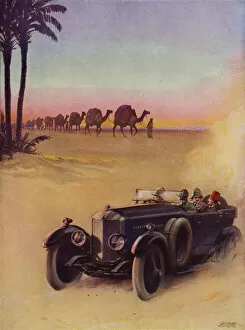 Vehicle Types Gallery: Crossing the desert by camel train and by motor car (colour litho)