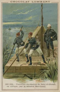 Crossing the marshes of Bahr-el-Ghazal in Africa (chromolitho) Crossing the marshes of Bahr-el-Ghazal in Africa (chromolitho)