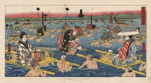 Crossing the Oho-E-Ga-Wa, Province Suraga, 1855 (colour litho) Crossing the Oho-E-Ga-Wa, Province Suraga, 1855 (colour litho)