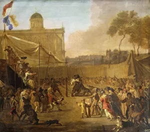 A Crowd watching Bear-baiting in a Town Square, (oil on canvas)
