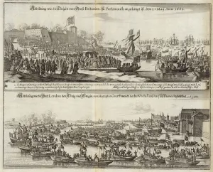 Crowds gather for Royals in Britain in 1662 (engraving) Crowds gather for Royals in Britain in 1662 (engraving)