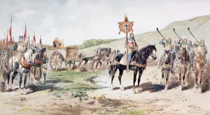 Crusaders on the march in the 11th century with a horse-drawn supply wagon, 1886 Crusaders on the march in the 11th century with a horse-drawn supply wagon, 1886