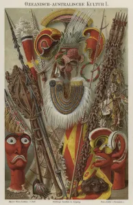 Cultural artefacts of Oceania and Australasia (colour litho) Cultural artefacts of Oceania and Australasia (colour litho)
