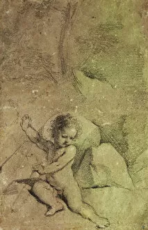 Sitting On Ground Gallery: Cupid drawing an Arrow from a Quiver, in a Landscape