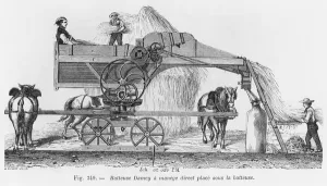 Damey threshing machine with a rotary system, illustration from Dictionnaire Damey threshing machine with a rotary system, illustration from Dictionnaire