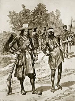 Dampier examining a boomerang in Australia, illustration from Hutchinson'