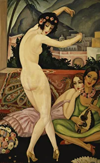 658386 The Dancer; La Danseuse, (oil on canvas) by Wegener, Gerda Marie Frederike (1885-1940); 123x80 cm; Private Collection; (add.info.: The Dancer; La Danseuse. Gerda Wegener (1885-1940). Oil on canvas. 123 x 80cm. This was painted in Marrakesh which the artist visited between 1927-1932. She was part of a small group of artists who believed in sexual liberation.); Photo © Christie's Images The Dancer; La Danseuse, (oil on canvas)