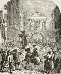 Daniel Defoe in the pillory at the Temple Bar, from The National and Domestic Daniel Defoe in the pillory at the Temple Bar, from The National and Domestic