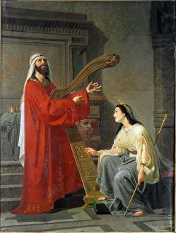 David and Micol King David playing the harp. Painting by Virginio Grana (ca. 1830-1888) 19th century Sun David and Micol King David playing the harp. Painting by Virginio Grana (ca. 1830-1888) 19th century Sun