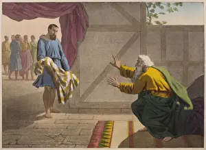 David showing to Saul a piece of his clothes, illustration from a catechism L'Histoire Sainte, published by Charles Delagrave, Paris, late 19th century (colour litho) David showing to Saul a piece of his clothes, illustration from a catechism L'Histoire Sainte, published by Charles Delagrave, Paris, late 19th century (colour litho)