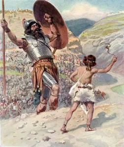 David slings the stone by J James Tissot - Bible David slings the stone by J James Tissot - Bible