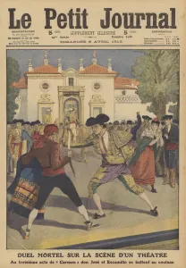 A deadly duel on the stage of a theatre in Spain (colour litho) A deadly duel on the stage of a theatre in Spain (colour litho)