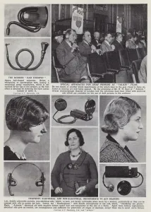 Aids Gallery: Deafness: electrical and non-electrical instruments to aid hearing (b / w photo)