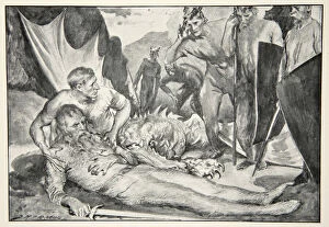 The Death of Beowulf, from Hero Myths and Legends of the British Race by M.I. Ebbutt, 1910 (litho)
