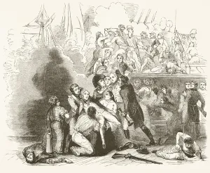 The death of Lord Nelson at the Battle of Trafalgar, from 'The National and Domestic The death of Lord Nelson at the Battle of Trafalgar, from 'The National and Domestic