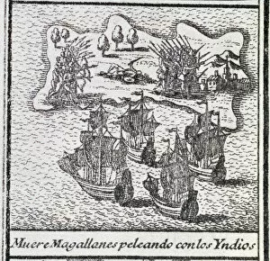 The death of Magellan in a battle with the Indians, 1726 (engraving)