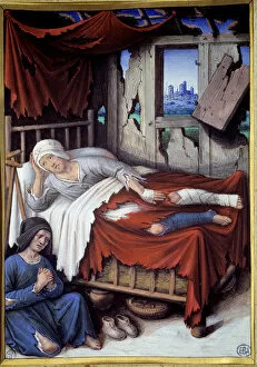 The death of a poor man. A woman at the bedside of a man dying, pray