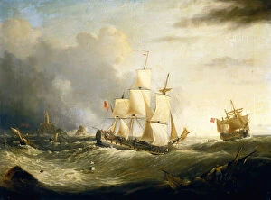 Sailing Vessels Gallery: Two Deckers off Longships Lighthouse, Lands End (oil on canvas)