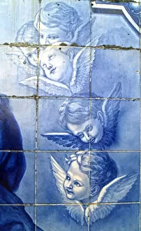 Azulejos Gallery: Decorative panel depicting cherubim, Lamego, Portugal. 1738 (ceramic tiles)