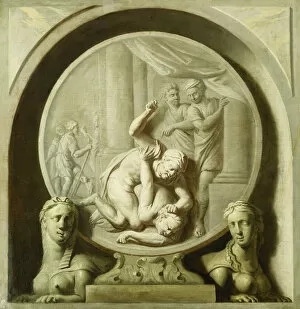 A Decorative Roundel with Odysseus Fighting the Beggar, and with Sphynxs (oil on canvas)